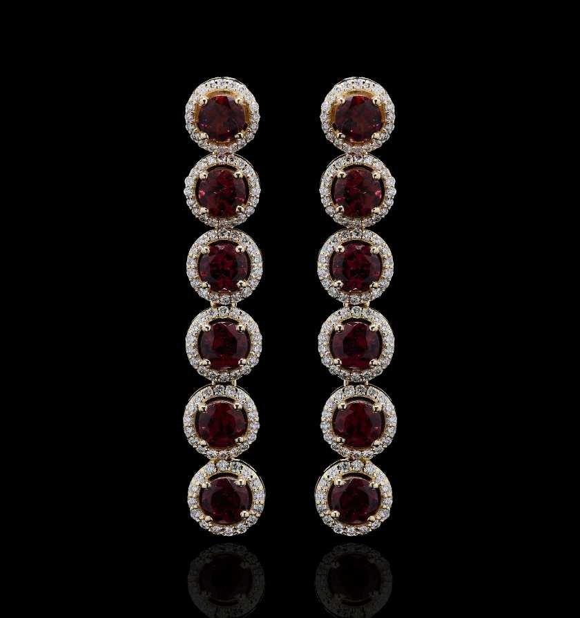 Opulent Rhodolite Garnet Diamond Gold Earrings