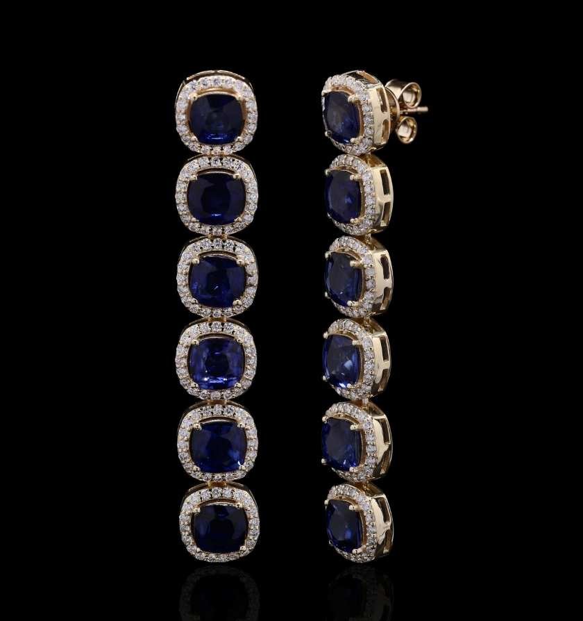 Deep Blue Sapphire Diamond Gold Statement Earrings - Image 2