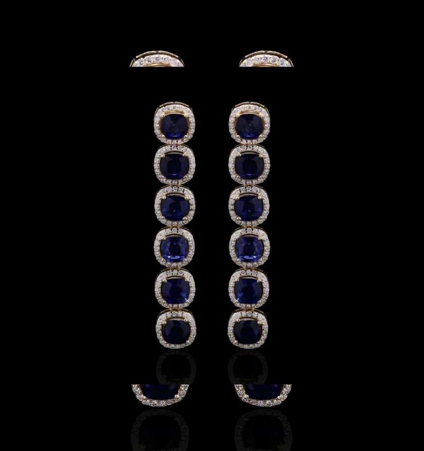 Deep Blue Sapphire Diamond Gold Statement Earrings - Image 3