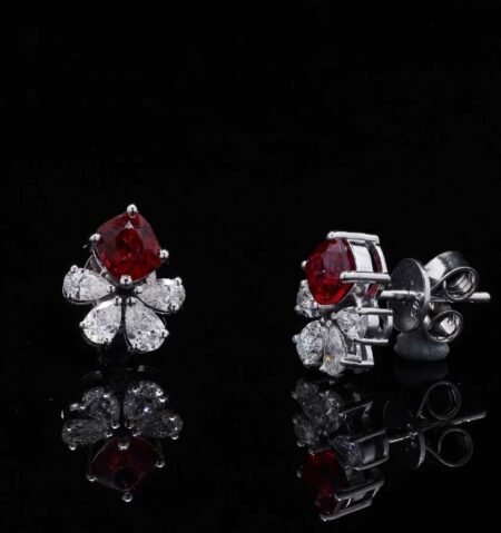 Red Spinel Pear Diamond White Gold Earrings